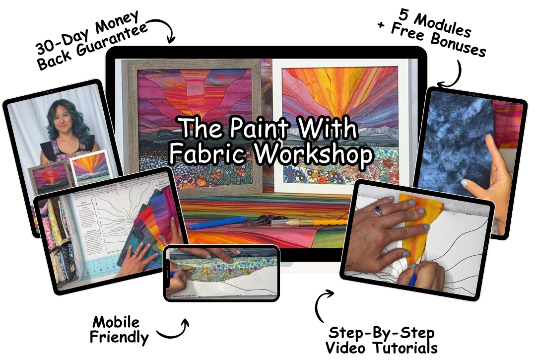 The Paint With Fabric Workshop course shown across desktop, tablet, and phone