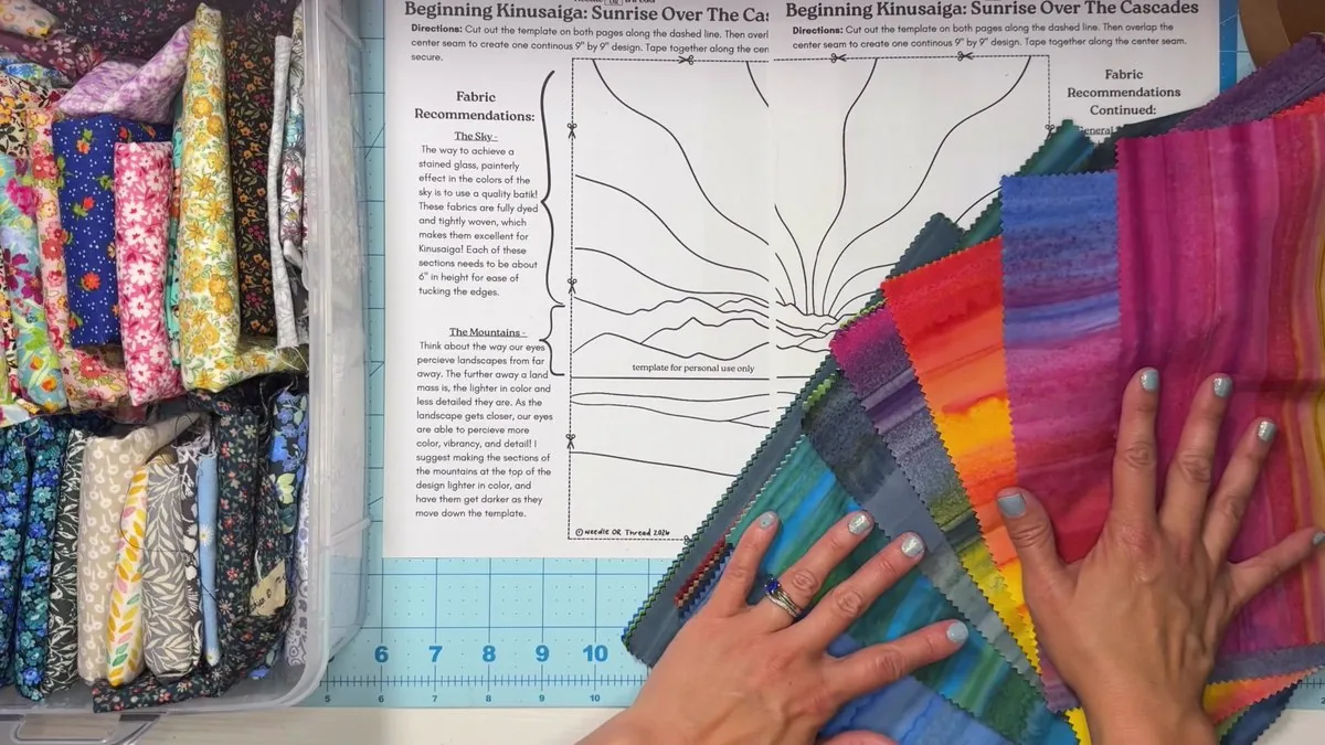 Module 1: Hannah's template and fabric spread out on the cutting mat